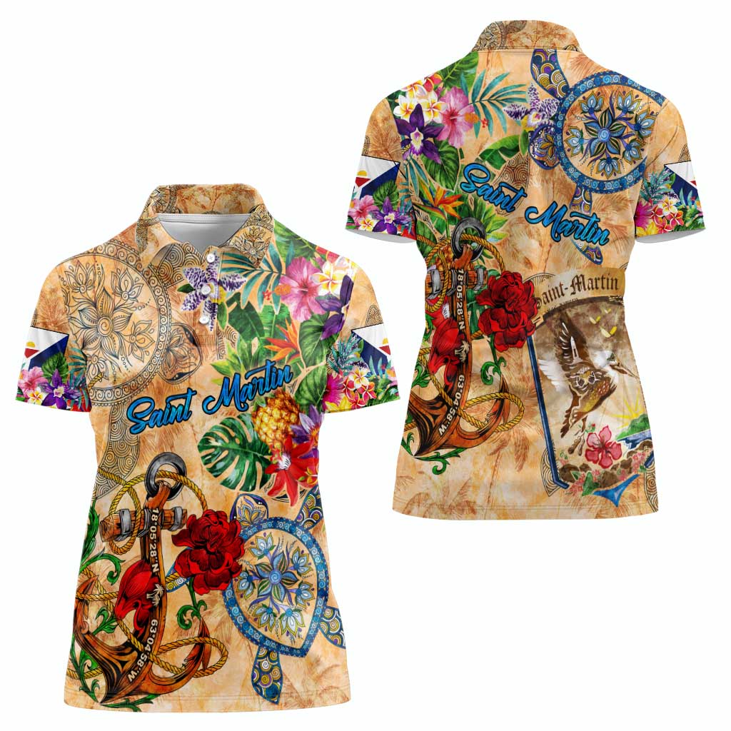Saint Martin Women Polo Shirt Geographic Coordinate Anchor - Turlte Tropical