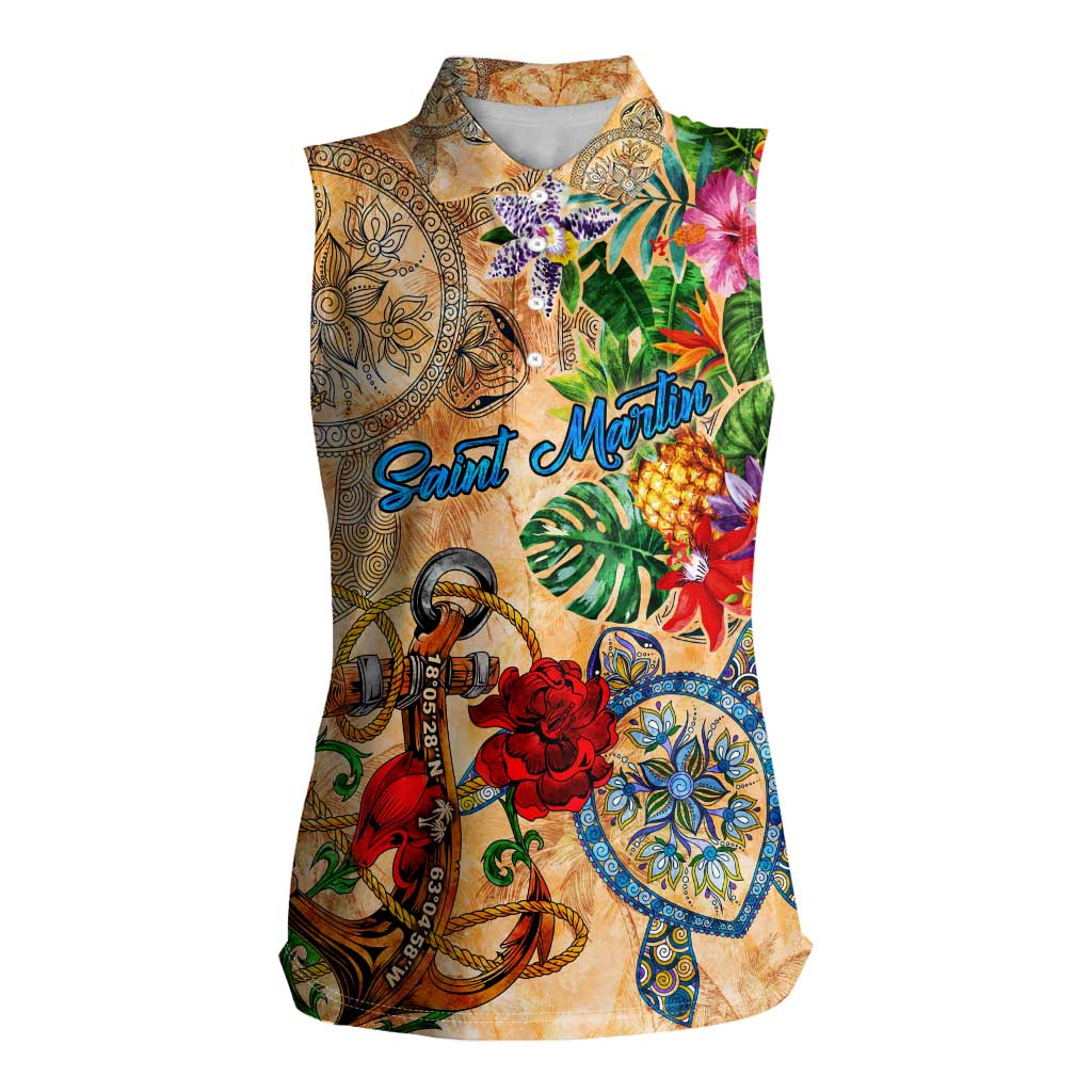 Saint Martin Women Sleeveless Polo Shirt Geographic Coordinate Anchor - Turlte Tropical