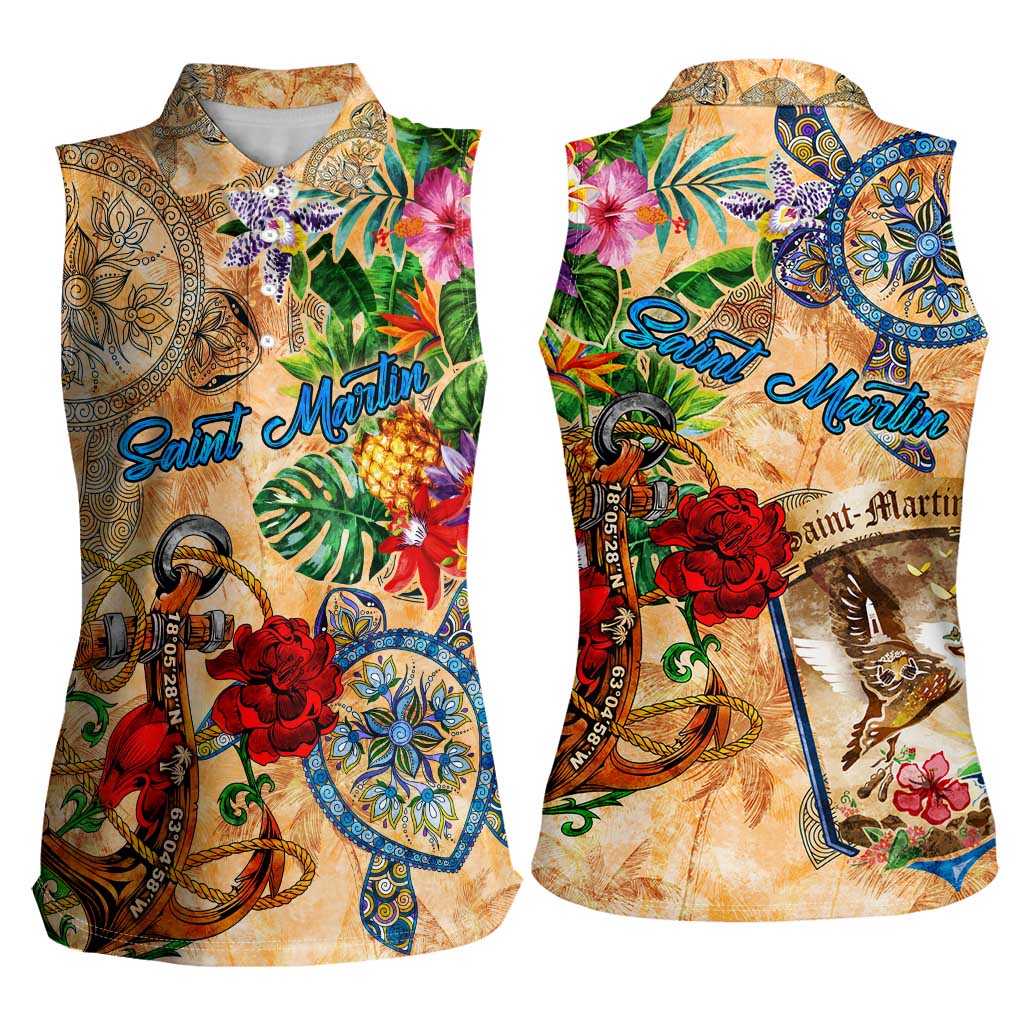 Saint Martin Women Sleeveless Polo Shirt Geographic Coordinate Anchor - Turlte Tropical