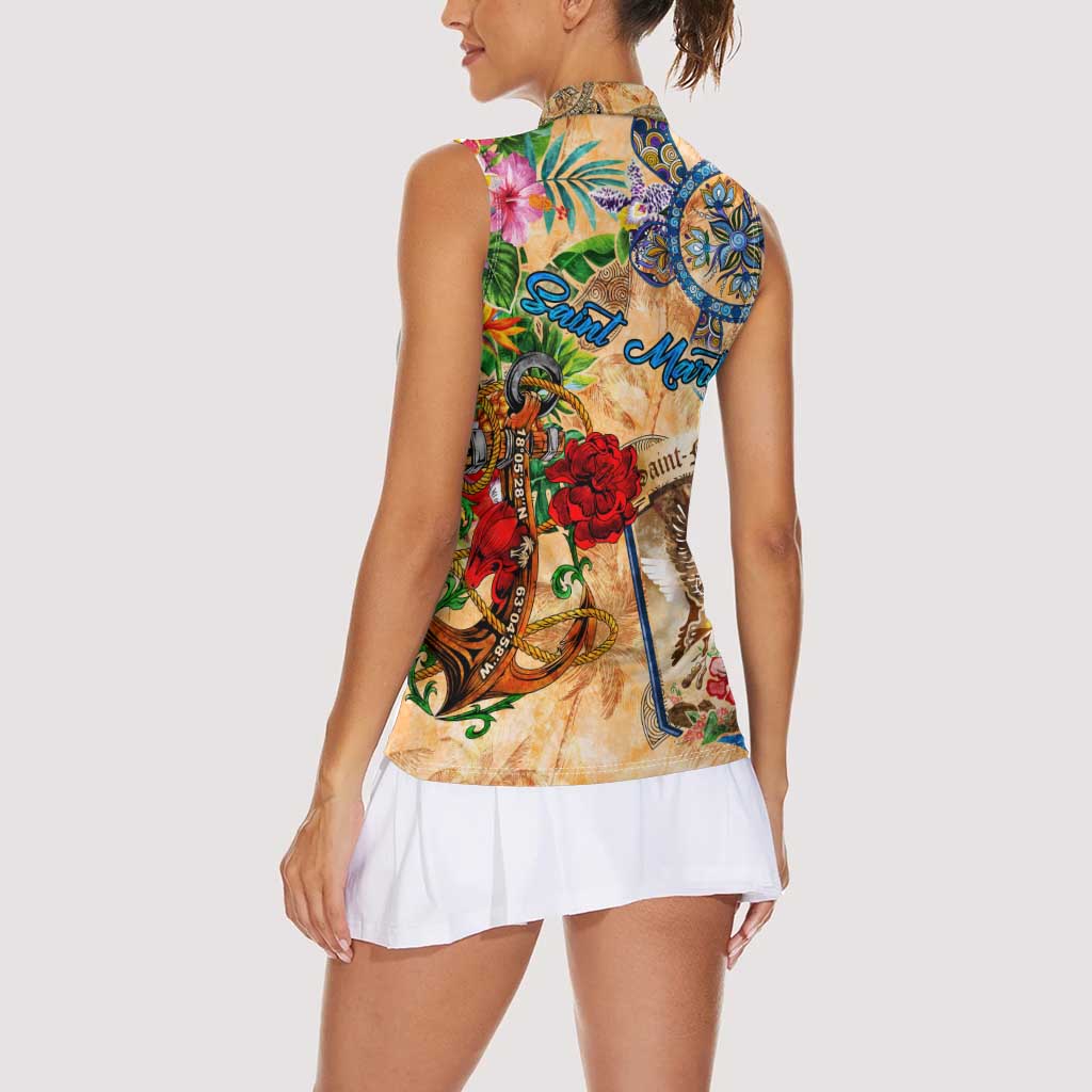 Saint Martin Women Sleeveless Polo Shirt Geographic Coordinate Anchor - Turlte Tropical