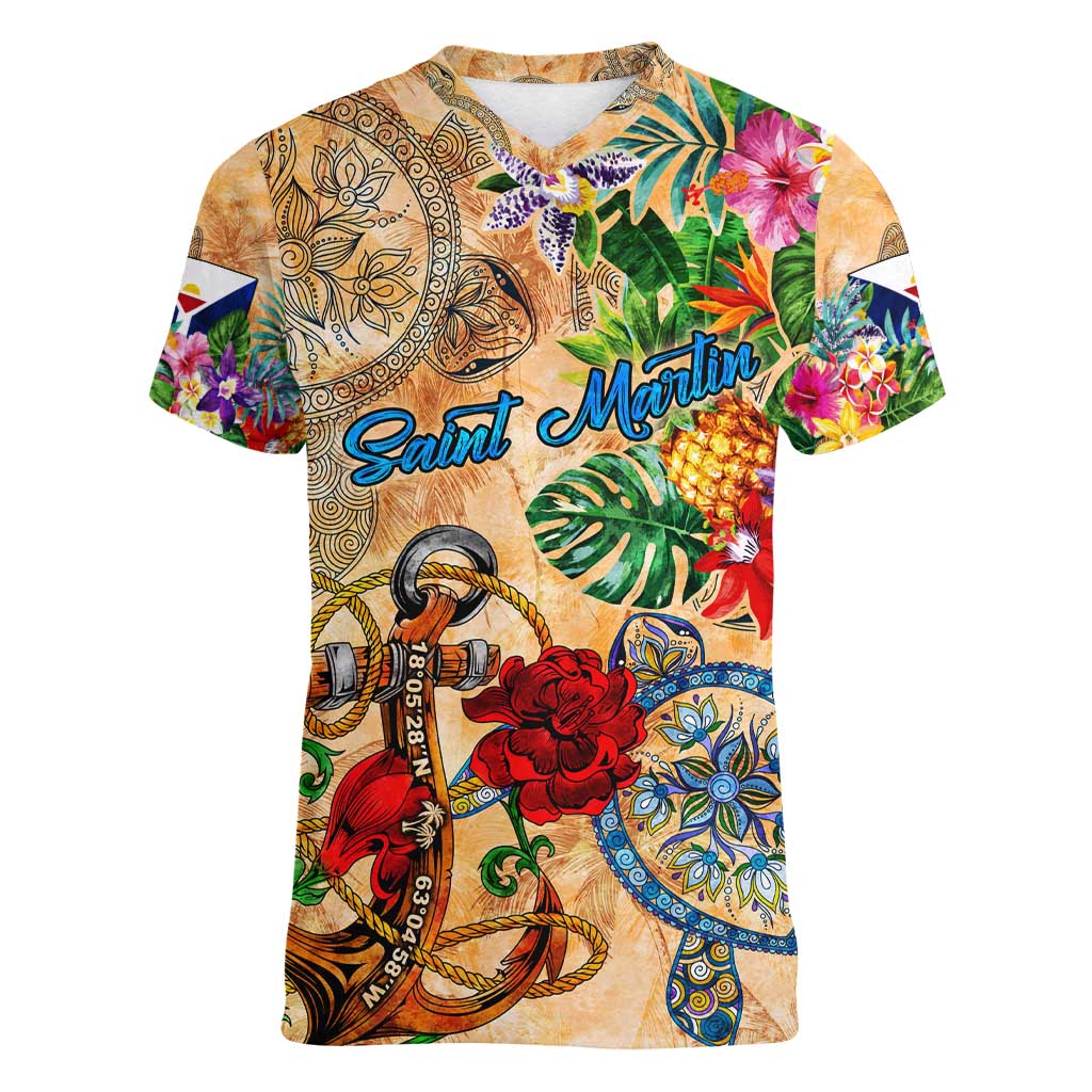 Saint Martin Women V-Neck T-Shirt Geographic Coordinate Anchor - Turlte Tropical