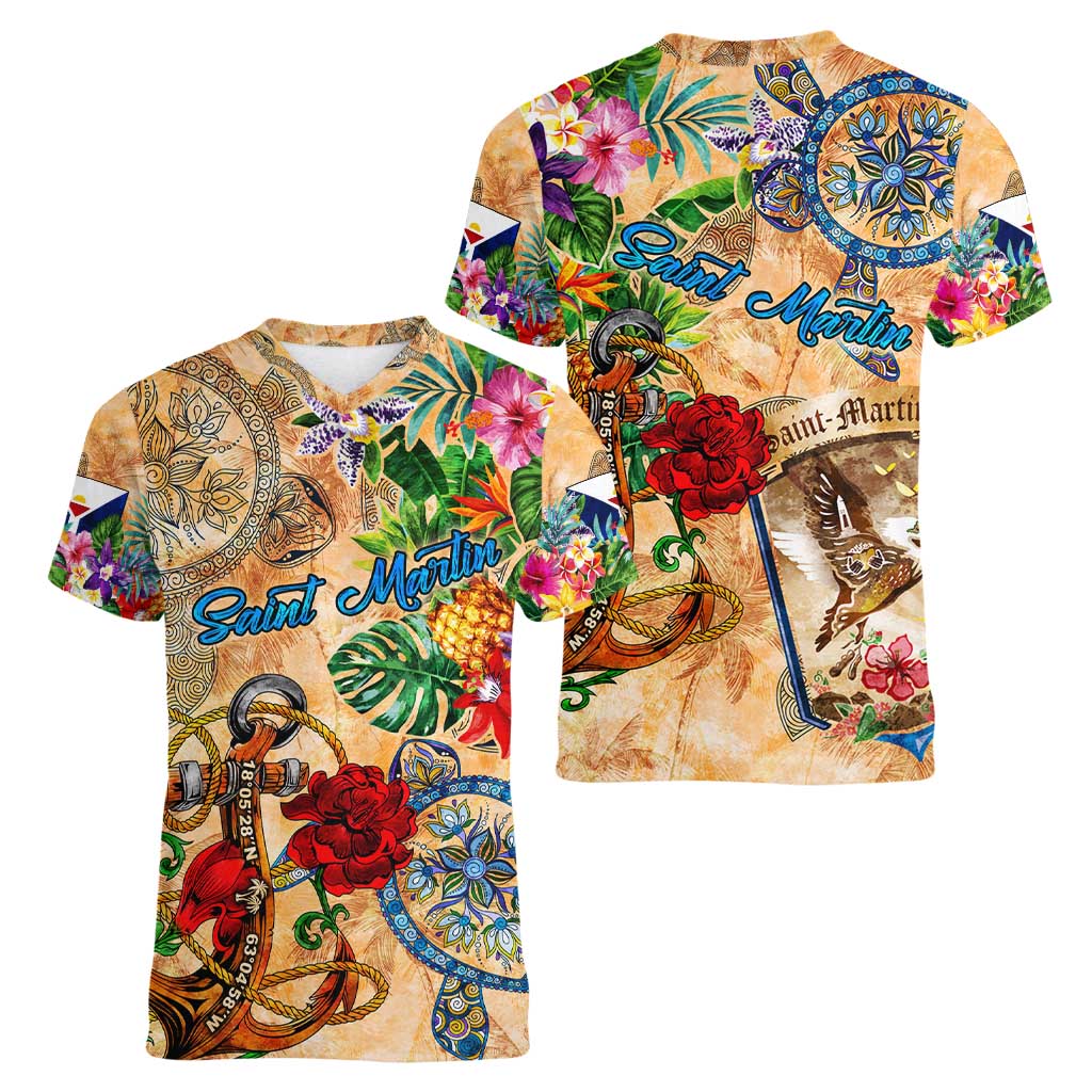 Saint Martin Women V-Neck T-Shirt Geographic Coordinate Anchor - Turlte Tropical