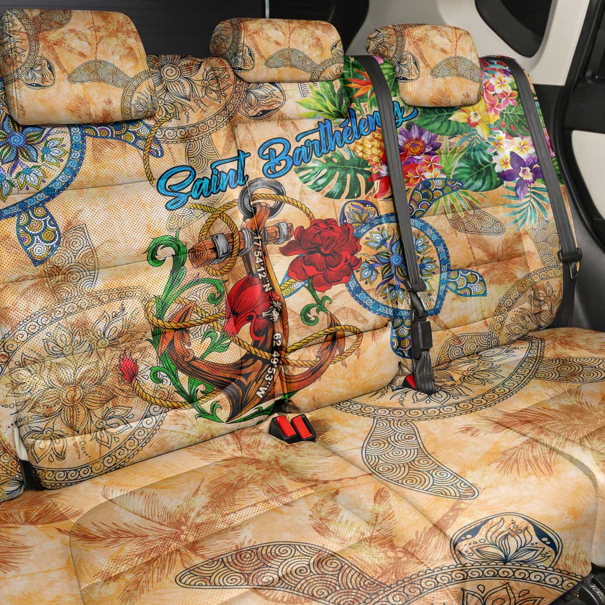Saint Barthelemy Back Car Seat Cover Geographic Coordinate Anchor - Turlte Tropical