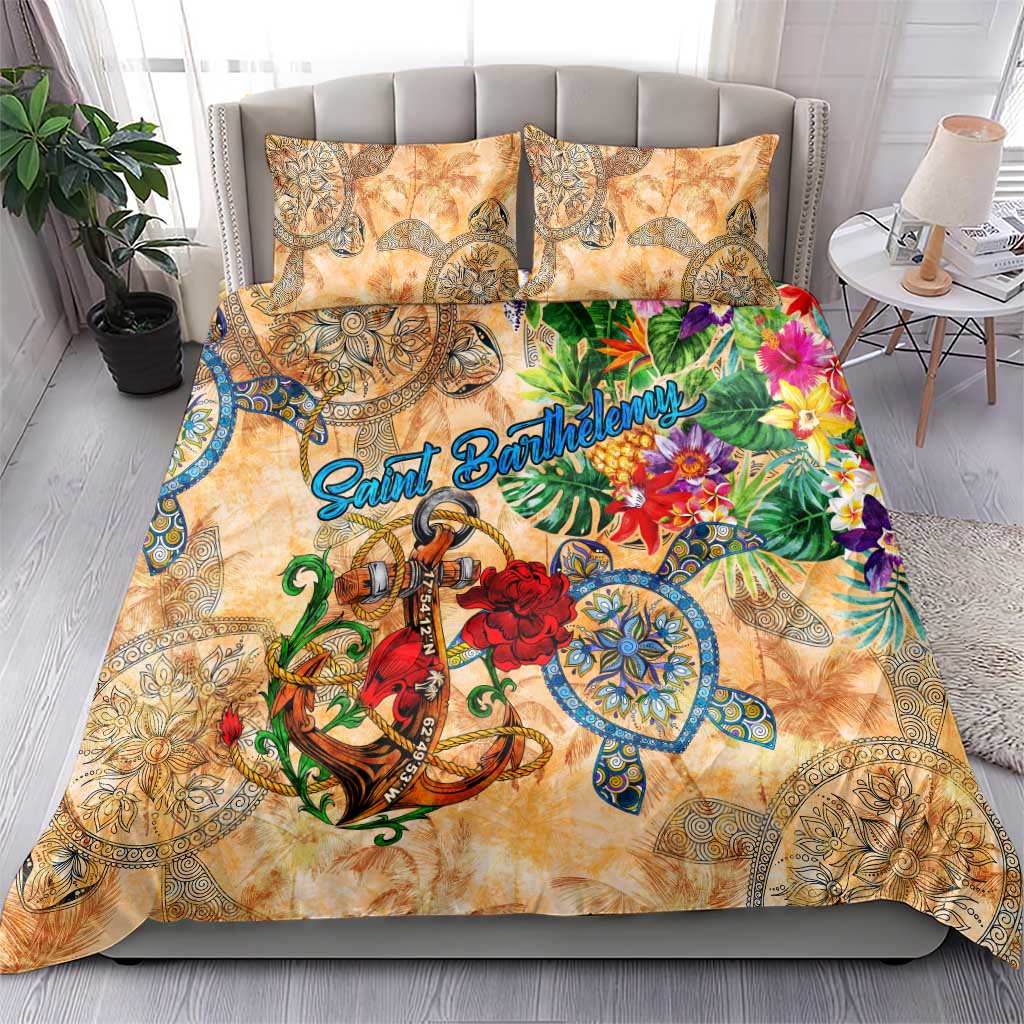 Saint Barthelemy Bedding Set Geographic Coordinate Anchor - Turlte Tropical