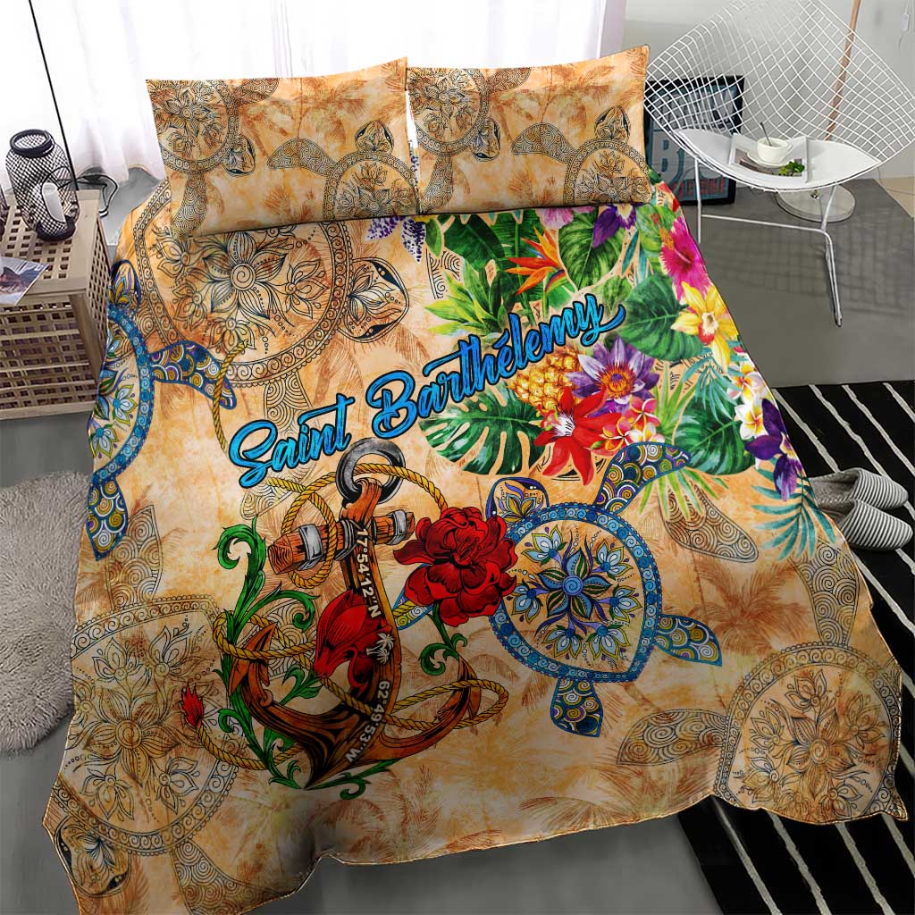 Saint Barthelemy Bedding Set Geographic Coordinate Anchor - Turlte Tropical