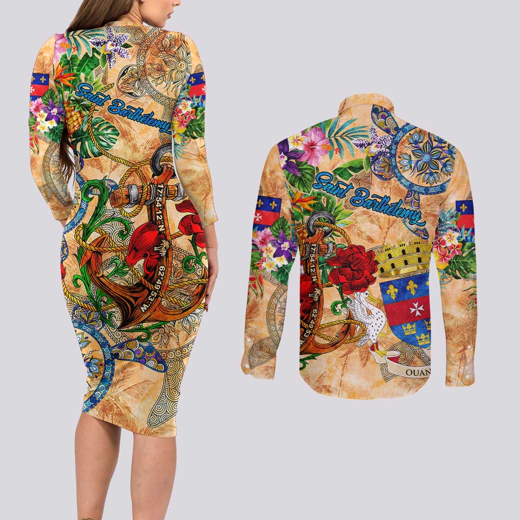 Saint Barthelemy Couples Matching Long Sleeve Bodycon Dress and Long Sleeve Button Shirt Geographic Coordinate Anchor - Turlte Tropical