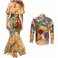 Saint Barthelemy Couples Matching Mermaid Dress and Long Sleeve Button Shirt Geographic Coordinate Anchor - Turlte Tropical