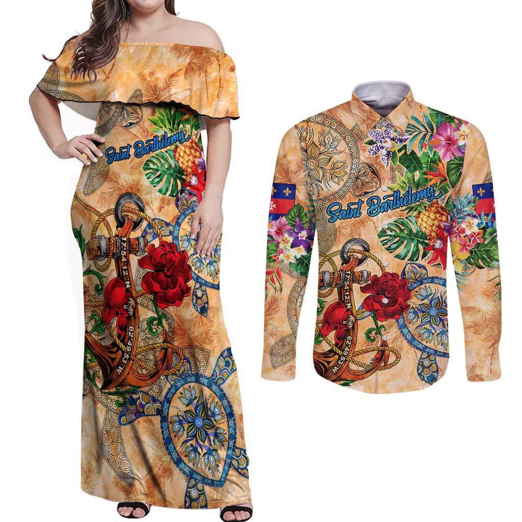 Saint Barthelemy Couples Matching Off Shoulder Maxi Dress and Long Sleeve Button Shirt Geographic Coordinate Anchor - Turlte Tropical