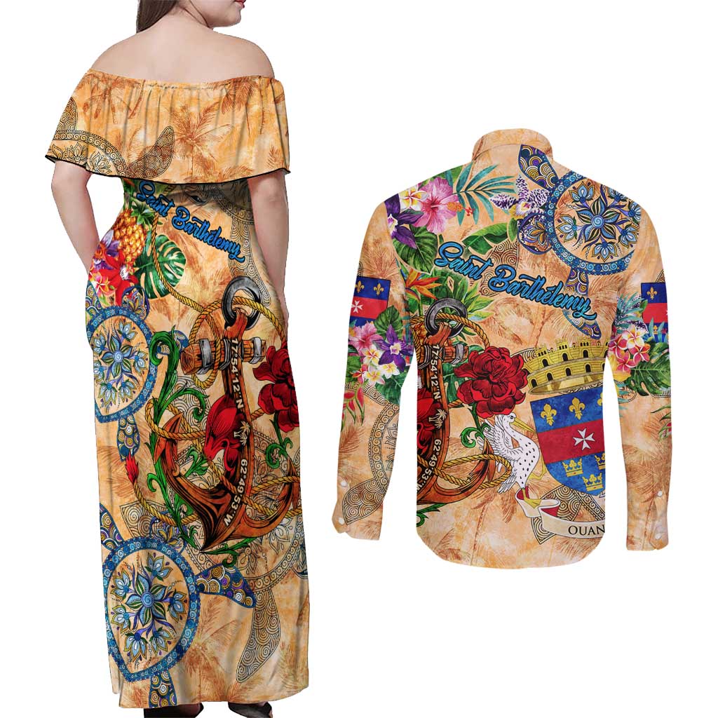 Saint Barthelemy Couples Matching Off Shoulder Maxi Dress and Long Sleeve Button Shirt Geographic Coordinate Anchor - Turlte Tropical