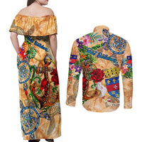 Saint Barthelemy Couples Matching Off Shoulder Maxi Dress and Long Sleeve Button Shirt Geographic Coordinate Anchor - Turlte Tropical