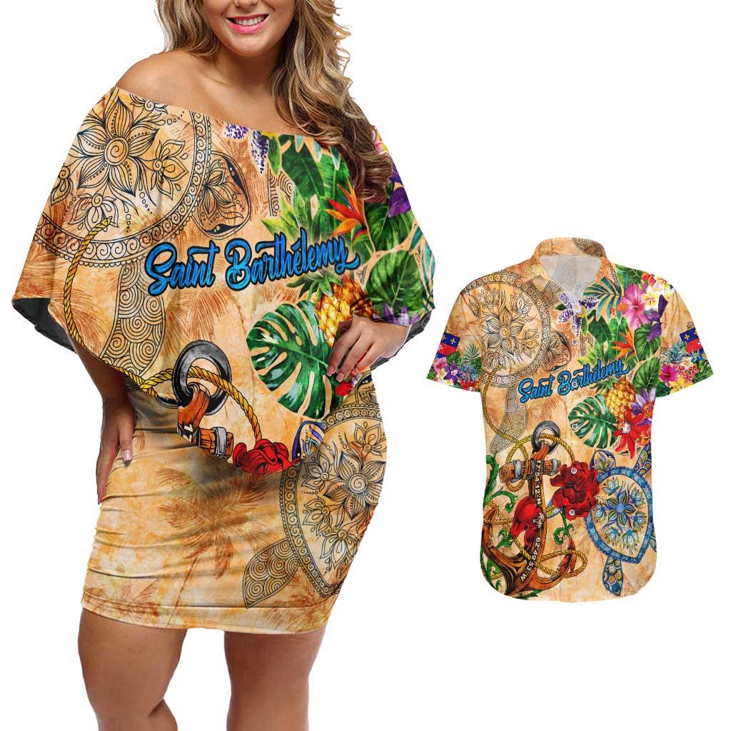 Saint Barthelemy Couples Matching Off Shoulder Short Dress and Hawaiian Shirt Geographic Coordinate Anchor - Turlte Tropical