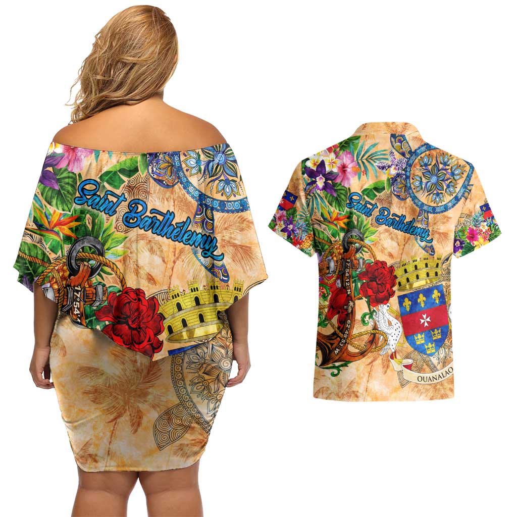 Saint Barthelemy Couples Matching Off Shoulder Short Dress and Hawaiian Shirt Geographic Coordinate Anchor - Turlte Tropical
