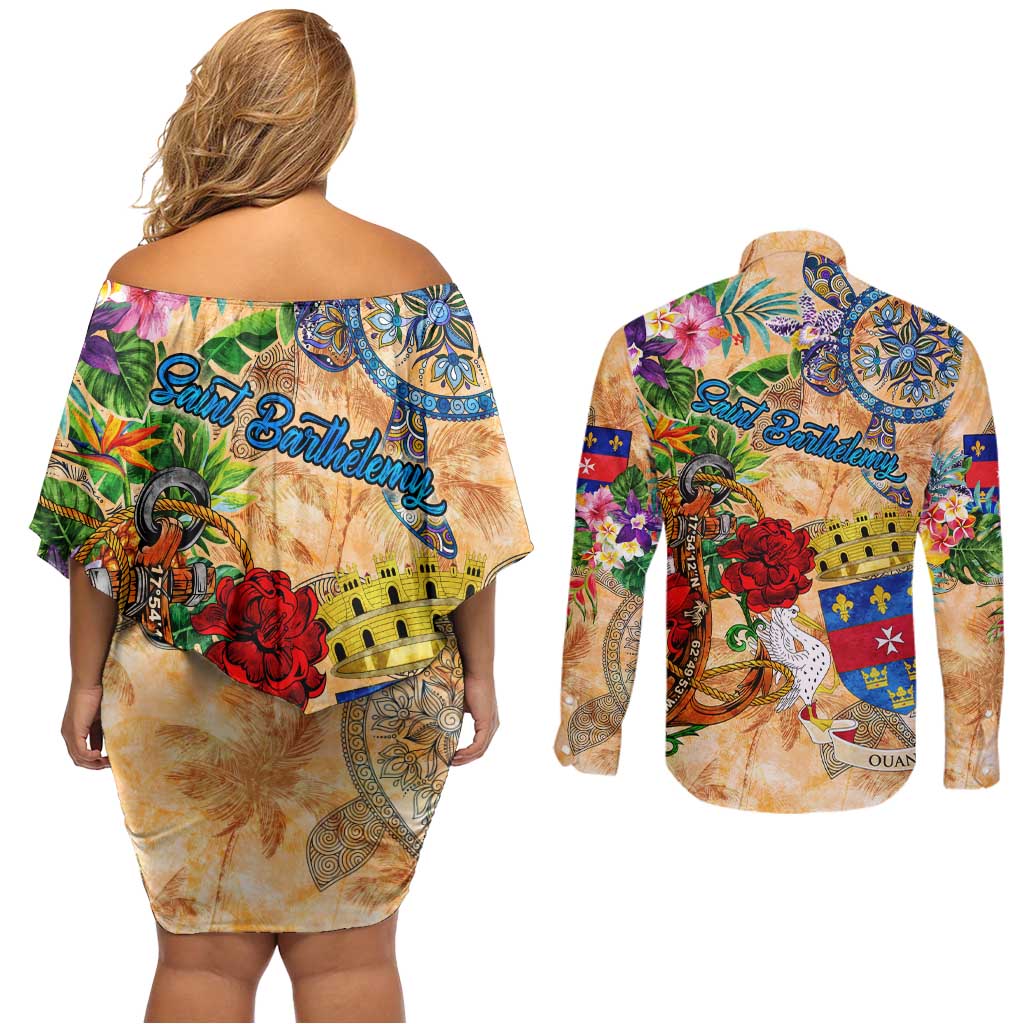 Saint Barthelemy Couples Matching Off Shoulder Short Dress and Long Sleeve Button Shirt Geographic Coordinate Anchor - Turlte Tropical