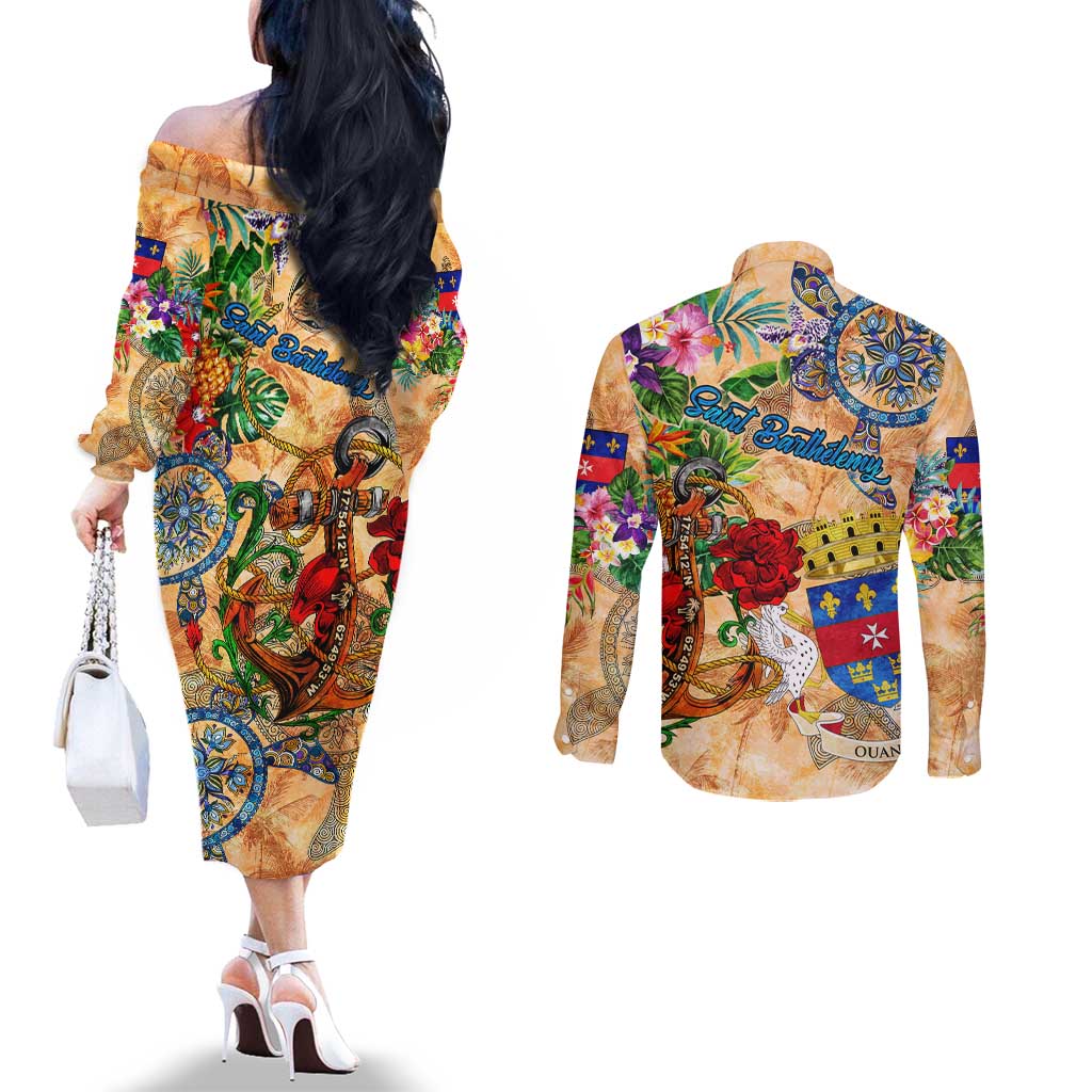 Saint Barthelemy Couples Matching Off The Shoulder Long Sleeve Dress and Long Sleeve Button Shirt Geographic Coordinate Anchor - Turlte Tropical