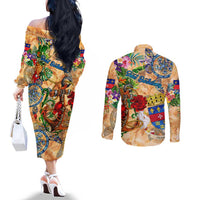 Saint Barthelemy Couples Matching Off The Shoulder Long Sleeve Dress and Long Sleeve Button Shirt Geographic Coordinate Anchor - Turlte Tropical