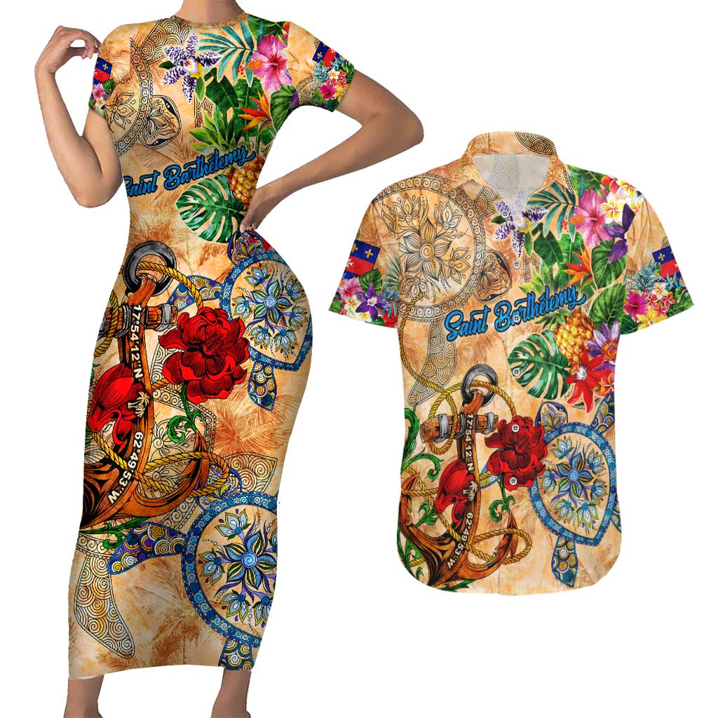 Saint Barthelemy Couples Matching Short Sleeve Bodycon Dress and Hawaiian Shirt Geographic Coordinate Anchor - Turlte Tropical