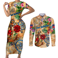 Saint Barthelemy Couples Matching Short Sleeve Bodycon Dress and Long Sleeve Button Shirt Geographic Coordinate Anchor - Turlte Tropical