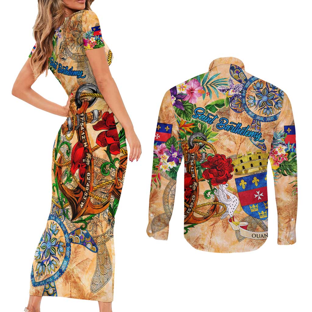 Saint Barthelemy Couples Matching Short Sleeve Bodycon Dress and Long Sleeve Button Shirt Geographic Coordinate Anchor - Turlte Tropical
