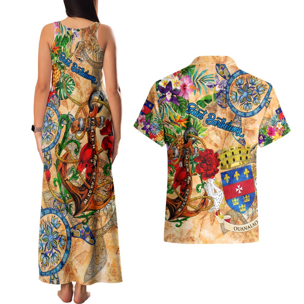 Saint Barthelemy Couples Matching Tank Maxi Dress and Hawaiian Shirt Geographic Coordinate Anchor - Turlte Tropical