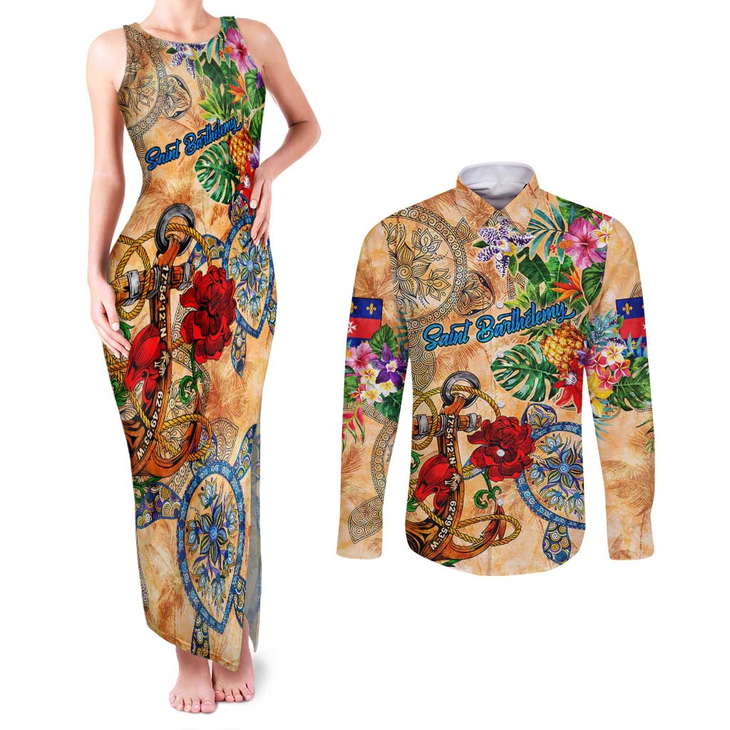 Saint Barthelemy Couples Matching Tank Maxi Dress and Long Sleeve Button Shirt Geographic Coordinate Anchor - Turlte Tropical