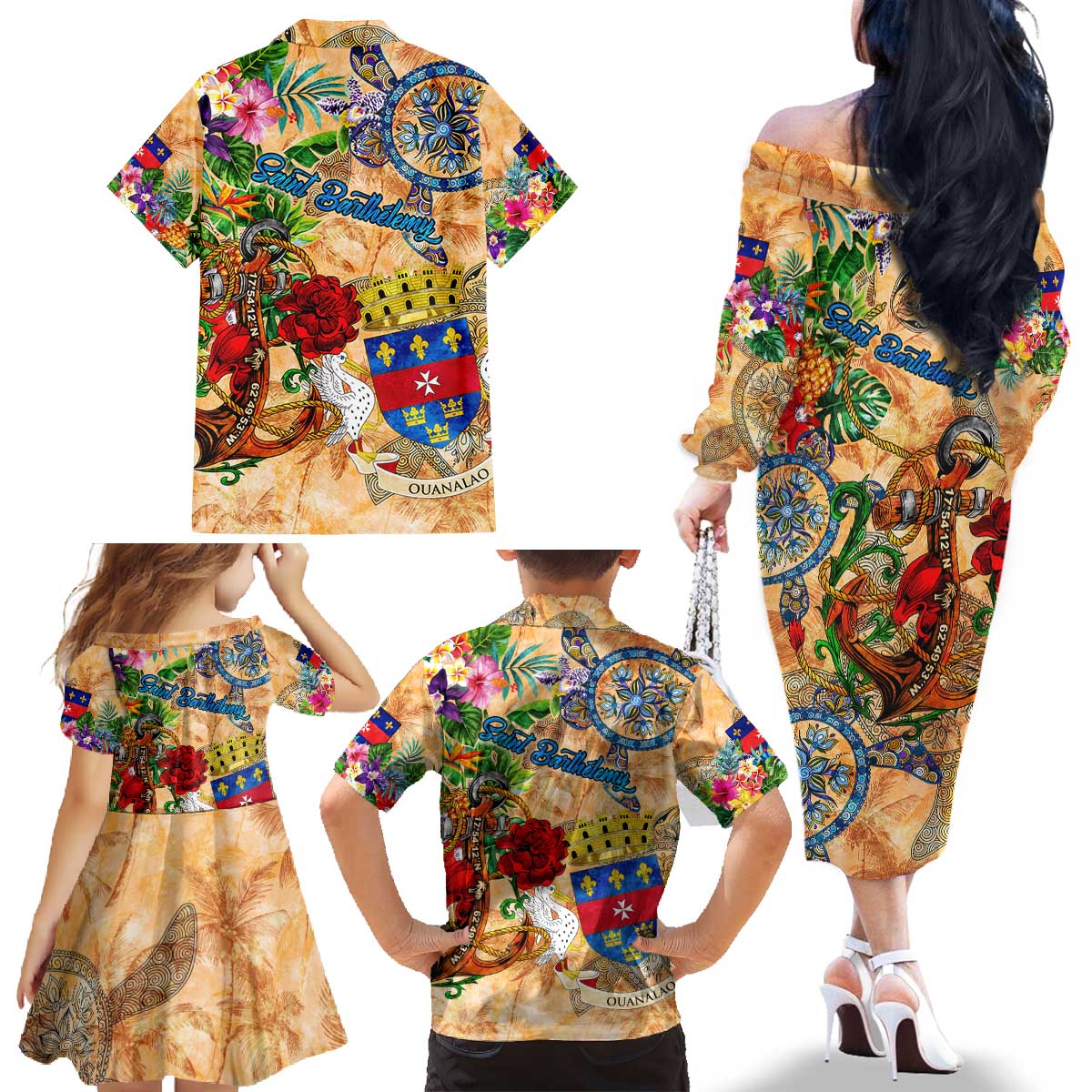 Saint Barthelemy Family Matching Off The Shoulder Long Sleeve Dress and Hawaiian Shirt Geographic Coordinate Anchor - Turlte Tropical