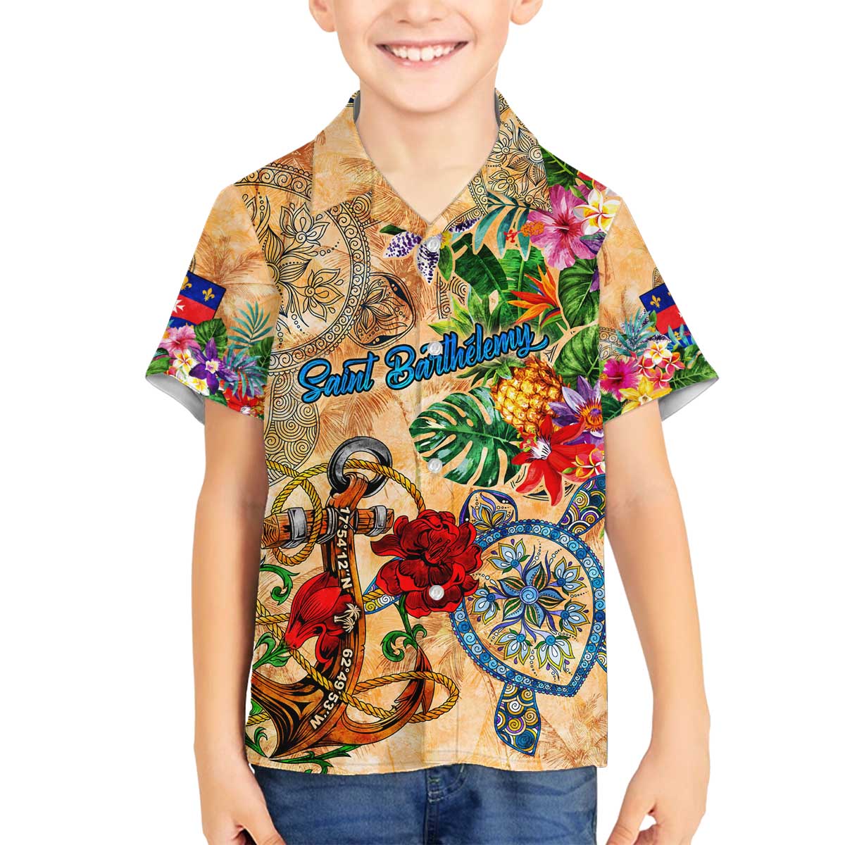 Saint Barthelemy Family Matching Off The Shoulder Long Sleeve Dress and Hawaiian Shirt Geographic Coordinate Anchor - Turlte Tropical