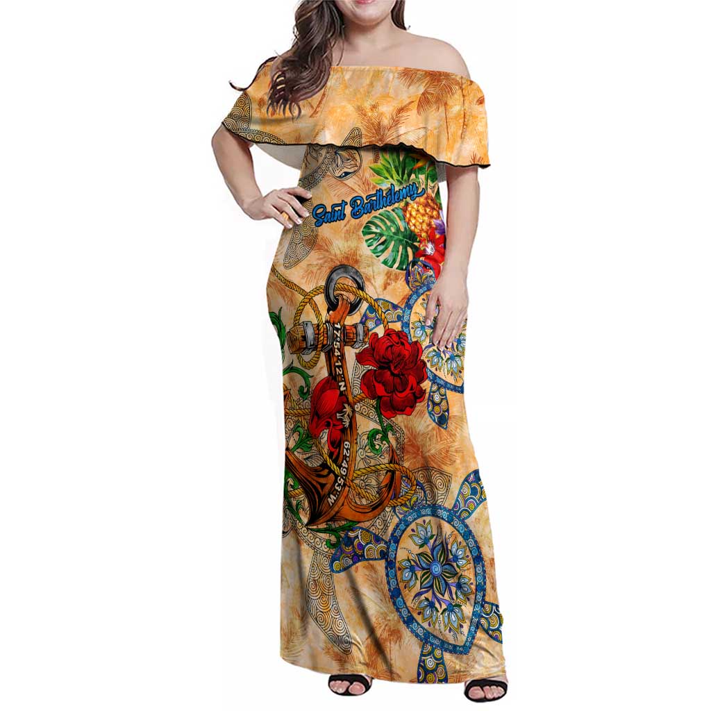 Saint Barthelemy Family Matching Off Shoulder Maxi Dress and Hawaiian Shirt Geographic Coordinate Anchor - Turlte Tropical