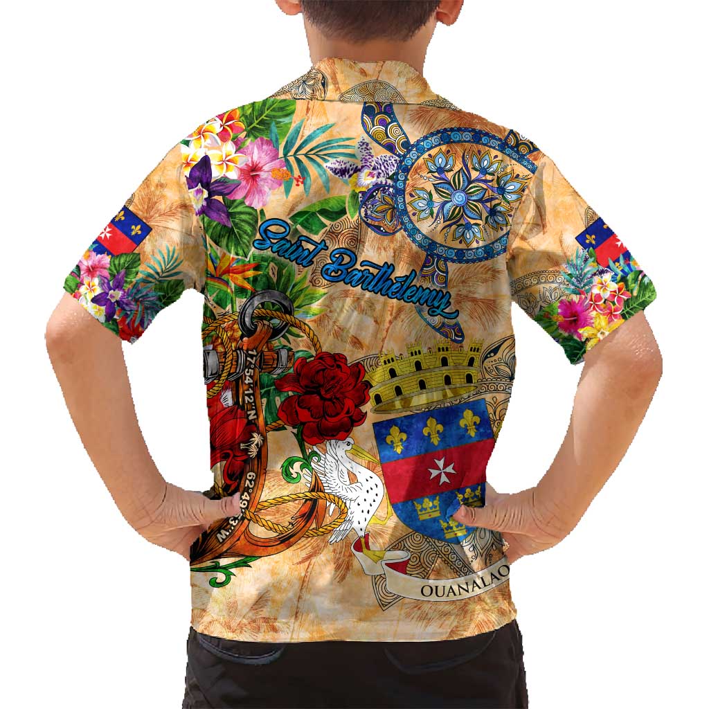 Saint Barthelemy Family Matching Off Shoulder Short Dress and Hawaiian Shirt Geographic Coordinate Anchor - Turlte Tropical