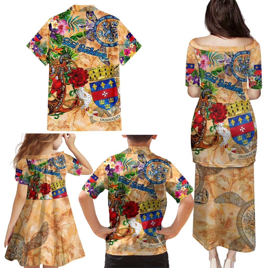 Saint Barthelemy Family Matching Puletasi and Hawaiian Shirt Geographic Coordinate Anchor - Turlte Tropical