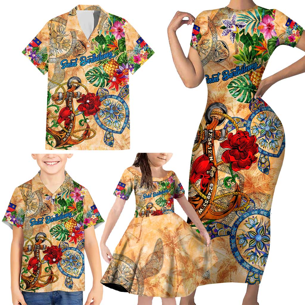 Saint Barthelemy Family Matching Short Sleeve Bodycon Dress and Hawaiian Shirt Geographic Coordinate Anchor - Turlte Tropical