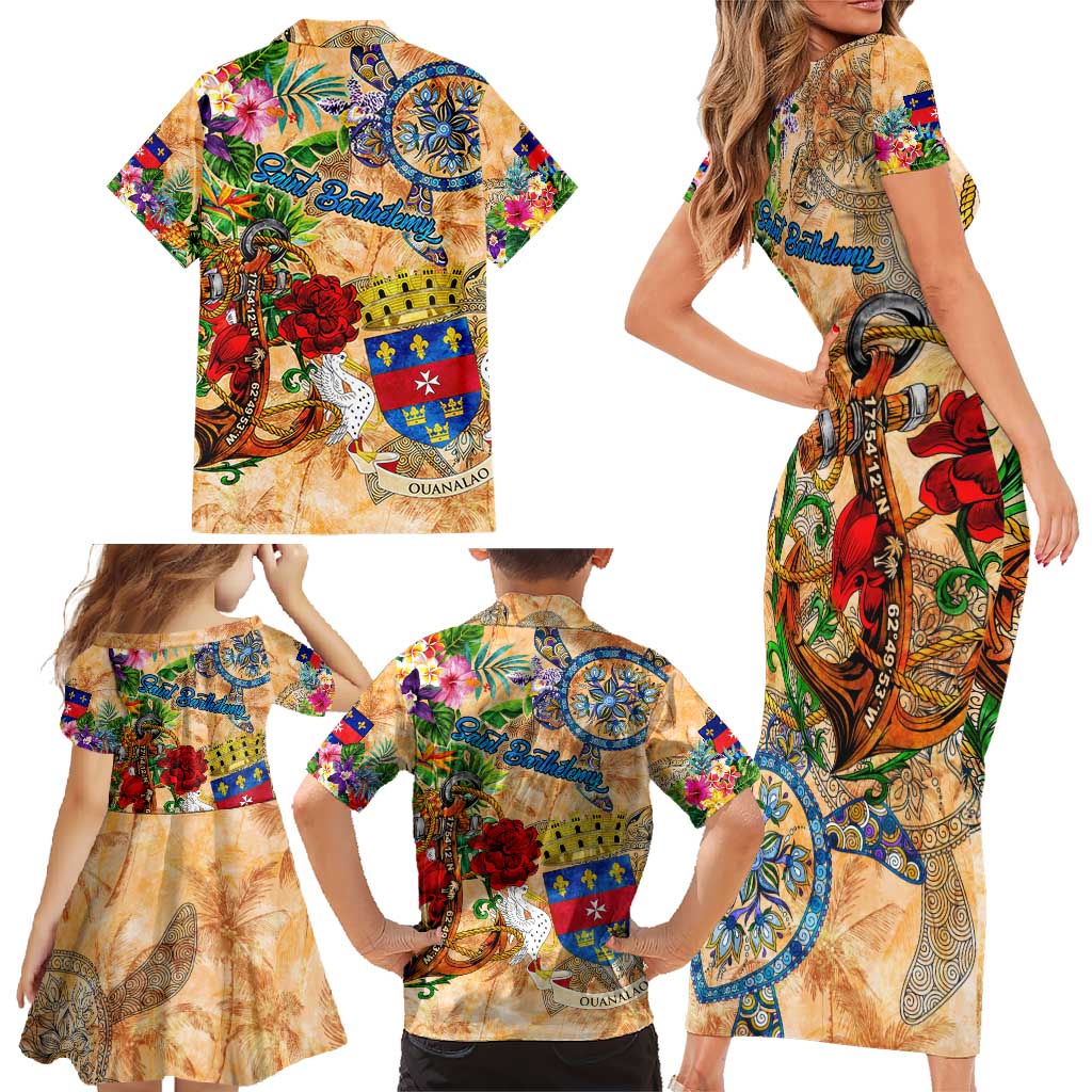 Saint Barthelemy Family Matching Short Sleeve Bodycon Dress and Hawaiian Shirt Geographic Coordinate Anchor - Turlte Tropical