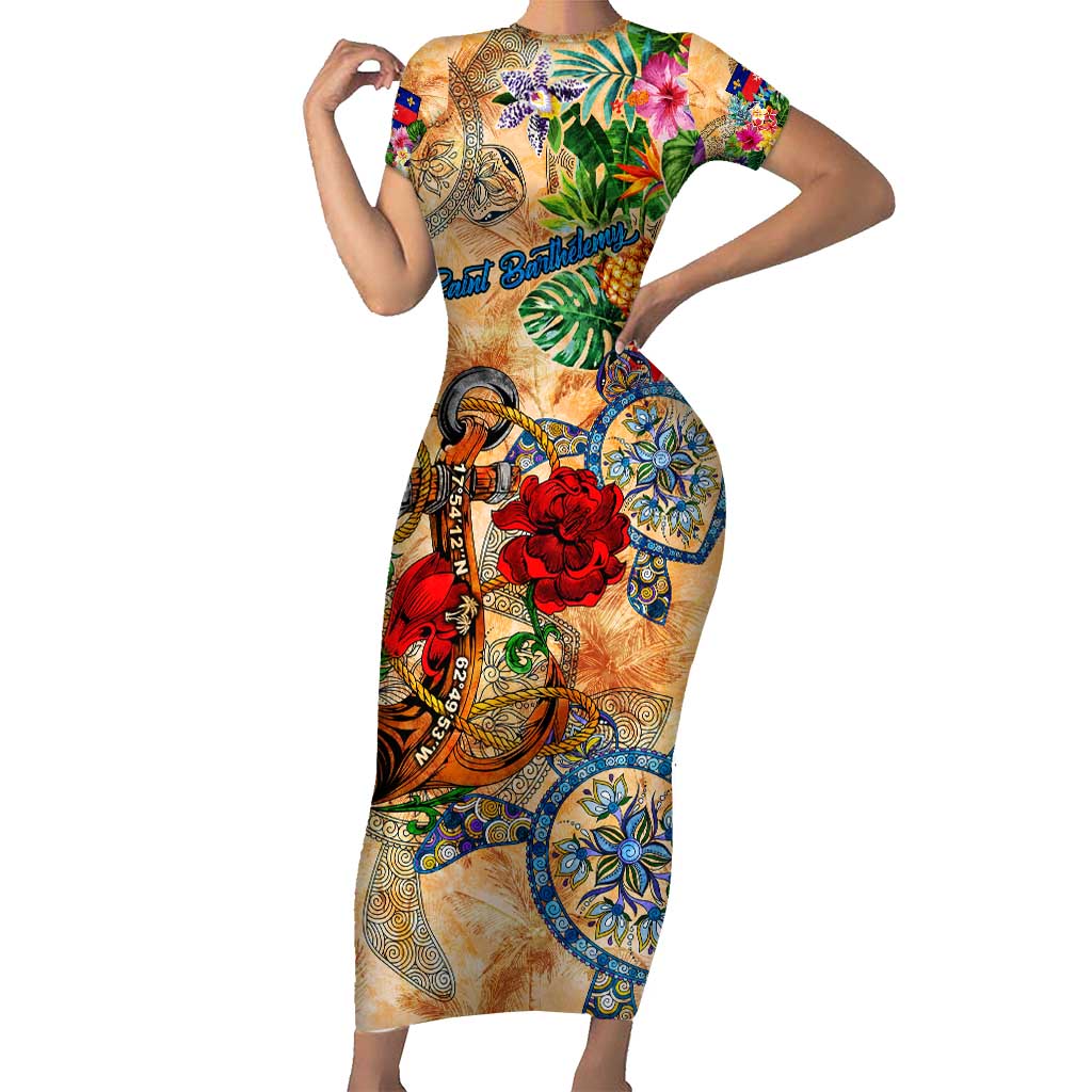 Saint Barthelemy Family Matching Short Sleeve Bodycon Dress and Hawaiian Shirt Geographic Coordinate Anchor - Turlte Tropical