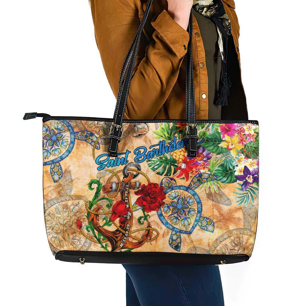 Saint Barthelemy Leather Tote Bag Geographic Coordinate Anchor - Turlte Tropical