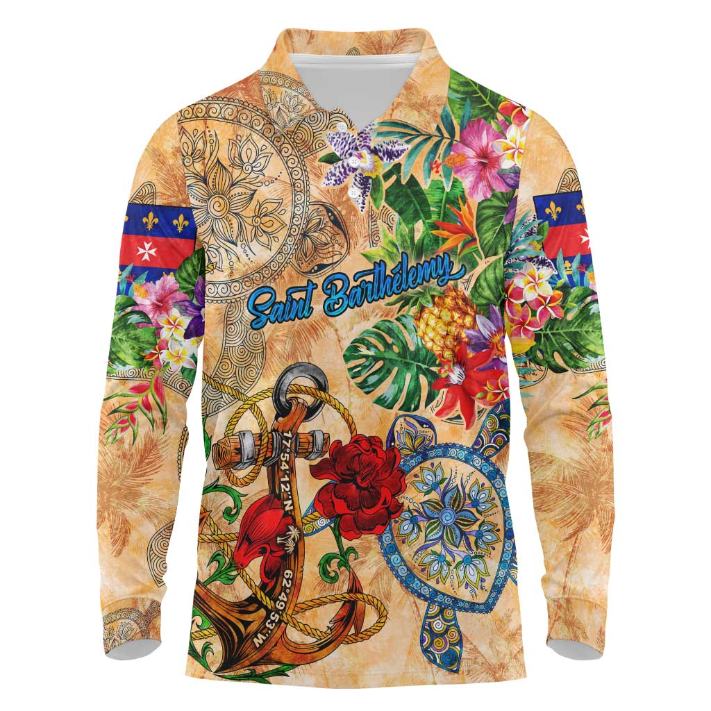 Saint Barthelemy Long Sleeve Polo Shirt Geographic Coordinate Anchor - Turlte Tropical