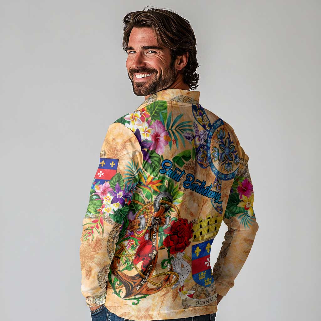 Saint Barthelemy Long Sleeve Polo Shirt Geographic Coordinate Anchor - Turlte Tropical