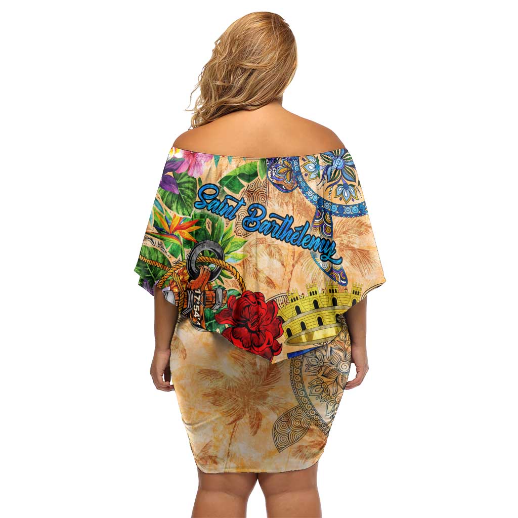 Saint Barthelemy Off Shoulder Short Dress Geographic Coordinate Anchor - Turlte Tropical