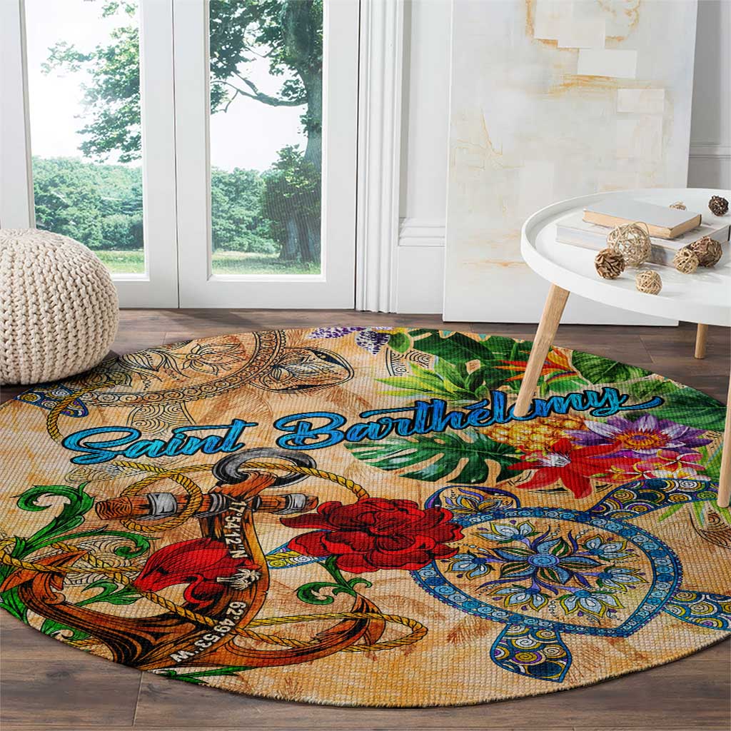 Saint Barthelemy Round Carpet Geographic Coordinate Anchor - Turlte Tropical