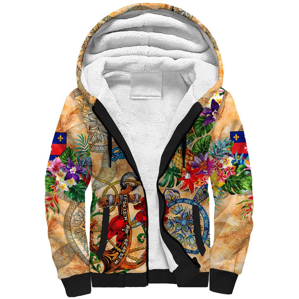 Saint Barthelemy Sherpa Hoodie Geographic Coordinate Anchor - Turlte Tropical
