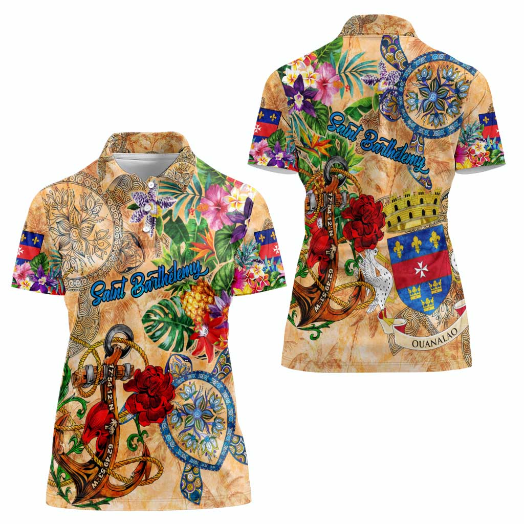 Saint Barthelemy Women Polo Shirt Geographic Coordinate Anchor - Turlte Tropical