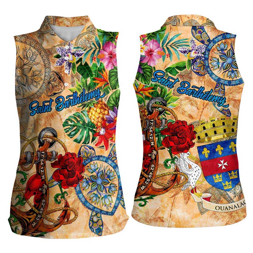 Saint Barthelemy Women Sleeveless Polo Shirt Geographic Coordinate Anchor - Turlte Tropical