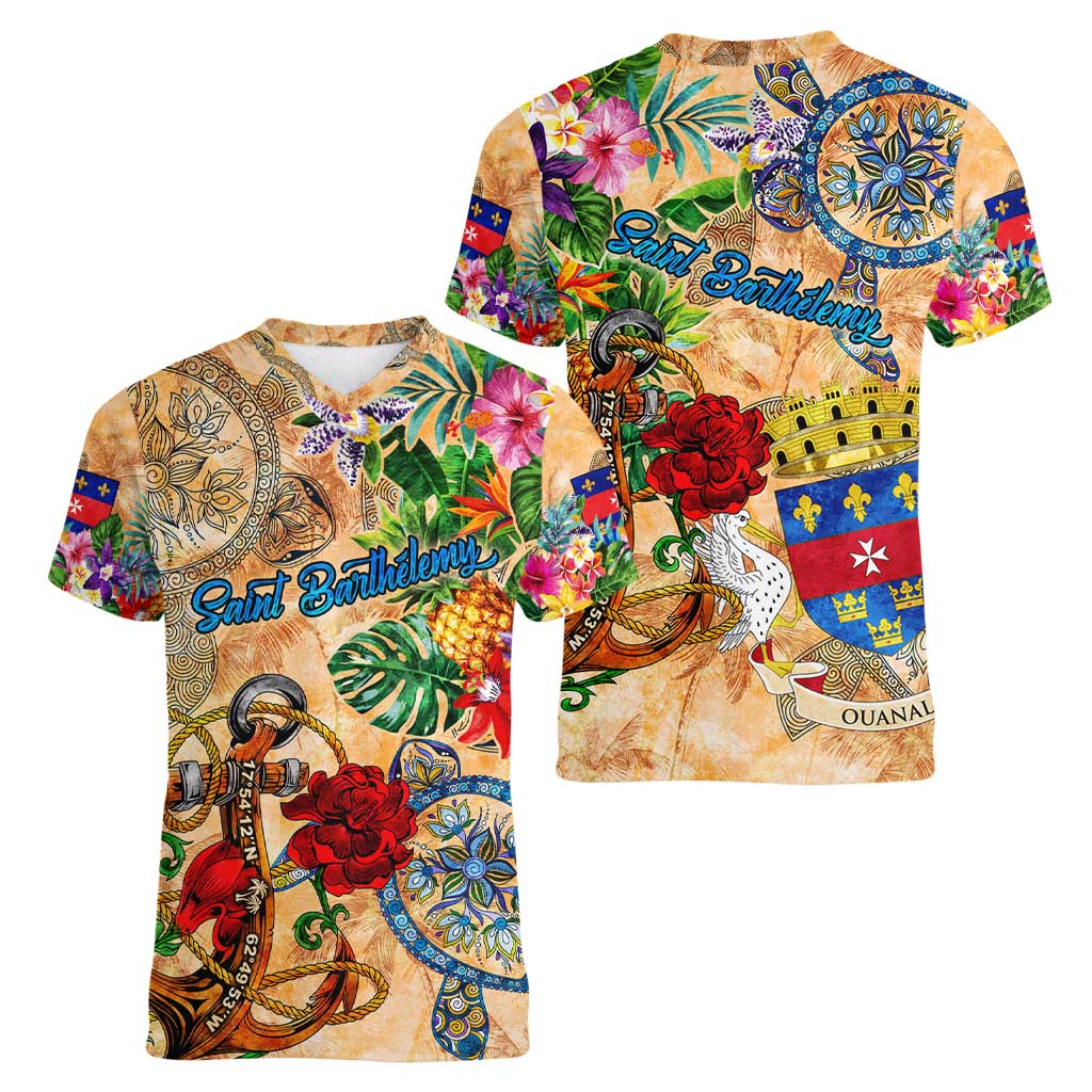 Saint Barthelemy Women V-Neck T-Shirt Geographic Coordinate Anchor - Turlte Tropical