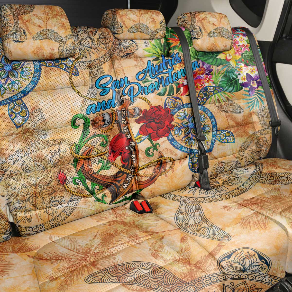 San Andrés and Providencia Back Car Seat Cover Geographic Coordinate Anchor - Turlte Tropical