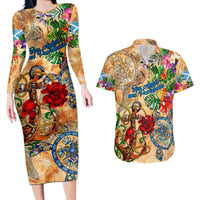 San Andrés and Providencia Couples Matching Long Sleeve Bodycon Dress and Hawaiian Shirt Geographic Coordinate Anchor - Turlte Tropical