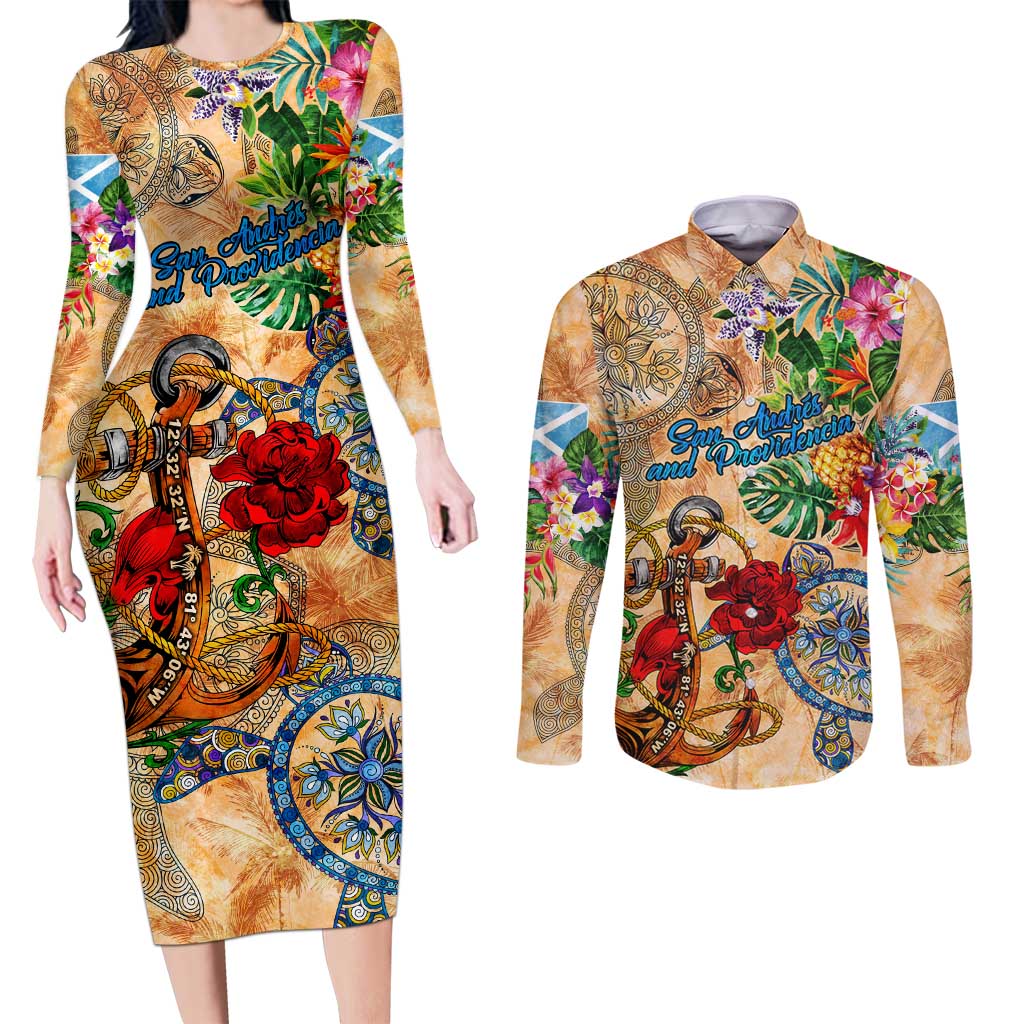San Andrés and Providencia Couples Matching Long Sleeve Bodycon Dress and Long Sleeve Button Shirt Geographic Coordinate Anchor - Turlte Tropical