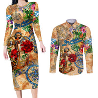 San Andrés and Providencia Couples Matching Long Sleeve Bodycon Dress and Long Sleeve Button Shirt Geographic Coordinate Anchor - Turlte Tropical