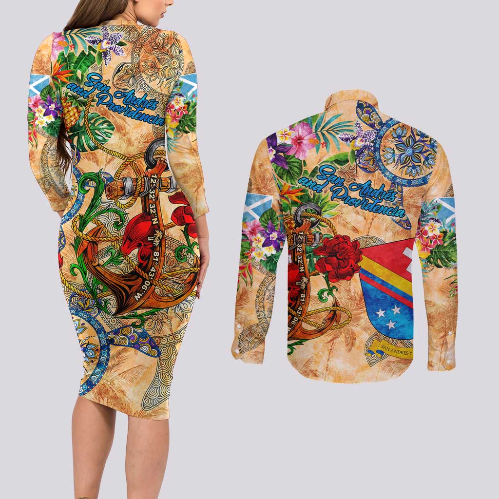 San Andrés and Providencia Couples Matching Long Sleeve Bodycon Dress and Long Sleeve Button Shirt Geographic Coordinate Anchor - Turlte Tropical