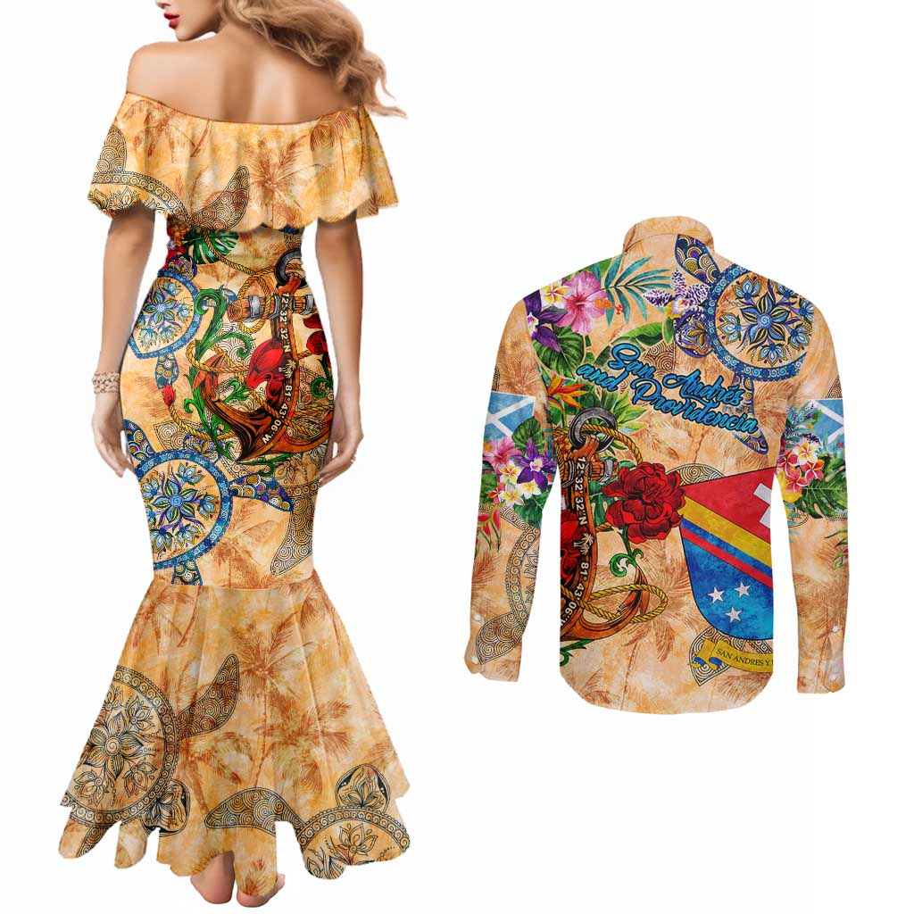 San Andrés and Providencia Couples Matching Mermaid Dress and Long Sleeve Button Shirt Geographic Coordinate Anchor - Turlte Tropical