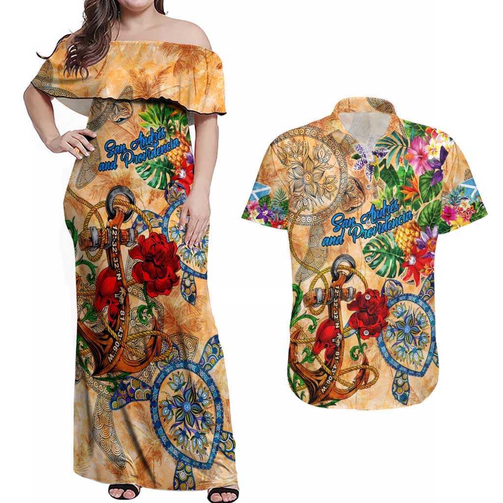 San Andrés and Providencia Couples Matching Off Shoulder Maxi Dress and Hawaiian Shirt Geographic Coordinate Anchor - Turlte Tropical