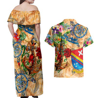 San Andrés and Providencia Couples Matching Off Shoulder Maxi Dress and Hawaiian Shirt Geographic Coordinate Anchor - Turlte Tropical