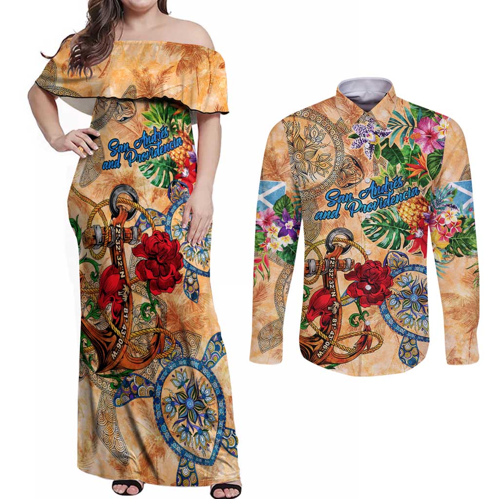 San Andrés and Providencia Couples Matching Off Shoulder Maxi Dress and Long Sleeve Button Shirt Geographic Coordinate Anchor - Turlte Tropical